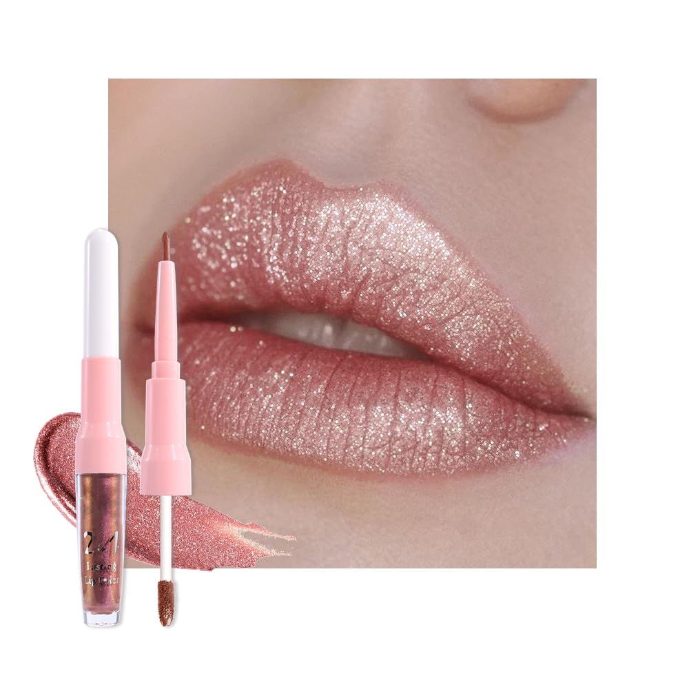 Dark Purple Red Metallic Glitter Lip Liner & Lipstick Combo - Long Lasting Waterproof Liquid Lipstick Set for Women | Iridescent Shine, Non-Stick Cup