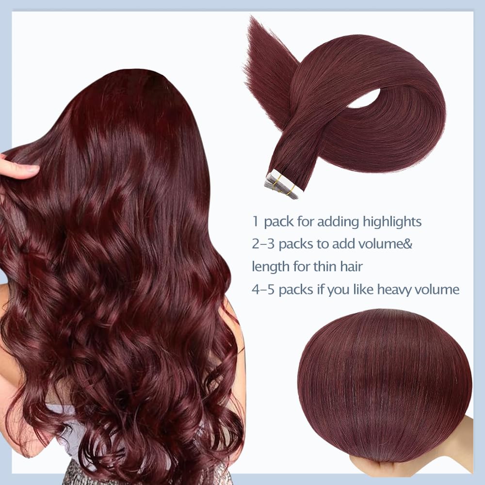HuxoWax #99J Burgundy Red Straight Tape In Human Hair Extensions Double Weft Weave 10 Packs Total 40g Invisible Human Hair Tape In Extensions #99j Wine Red Color 18 Inch