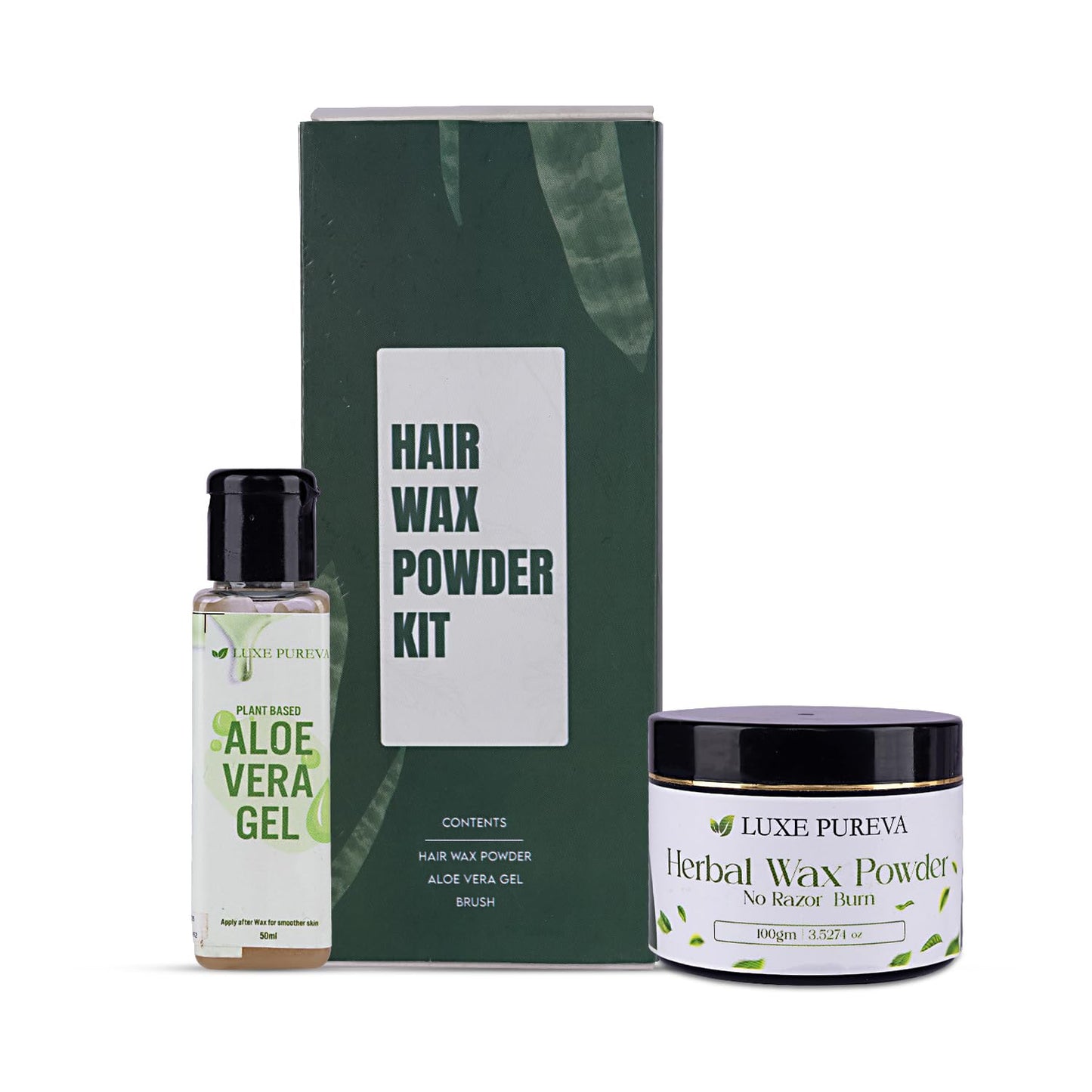 LuxePureva Herbal Hair Removal Kit (Herbal Wax Powder-3.52oz with Applicator Brush and Aloe Vera Gel 50ml)