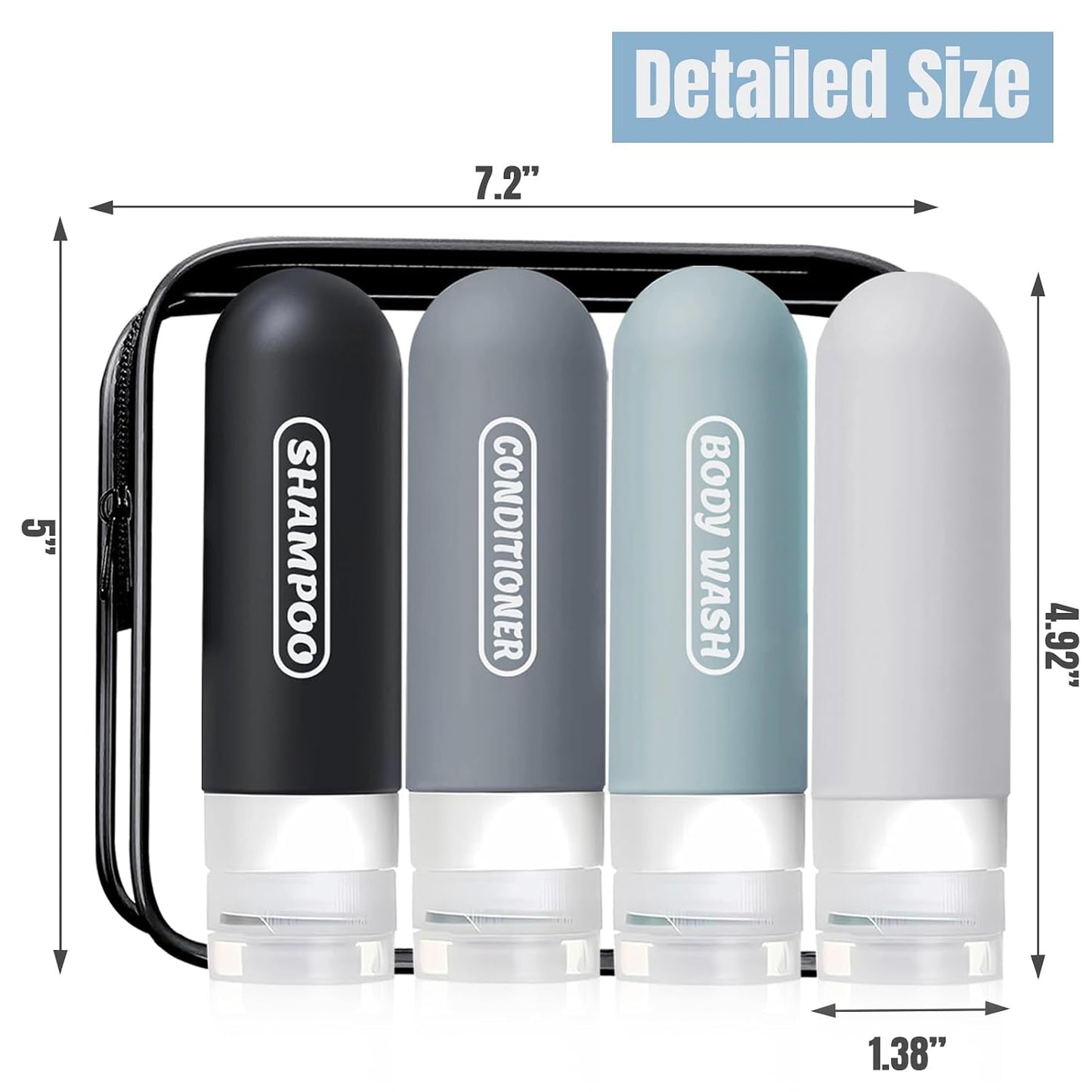 Silicone Travel Bottles - TSA Approved 3oz Leak Proof Containers | Squeezable Toiletry Set, 4 Pack with Clear Bag
