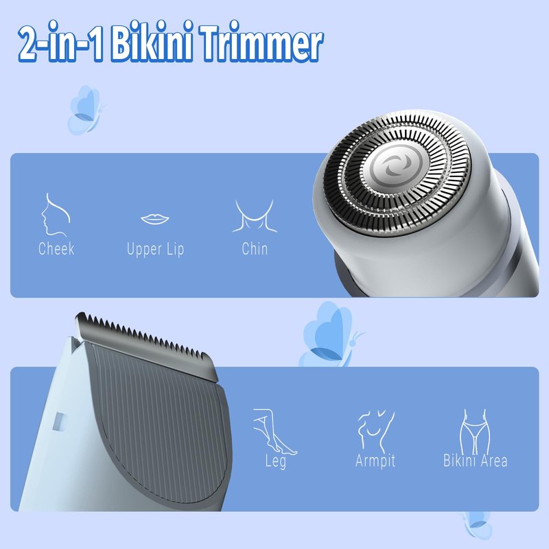 Bikini Trimmer for Women, 2 in 1 Electric Razor & Bikini Shaver for Womens IPX7 Waterproof Body Hair Trimmer and Facial Hair Remover,Blue
