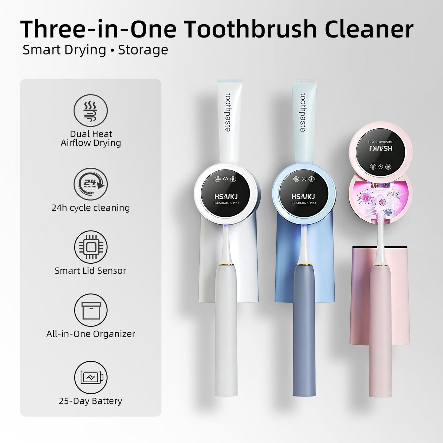 Wall Mounted Toothbrush Holder for Bathroom, 3-in-1 Electric Toothbrush Organizer for Personal Use, Smart Sensor Lid, Fast Drying, Aesthetic Bathroom Organizer with Magnetic Cup (Pink)