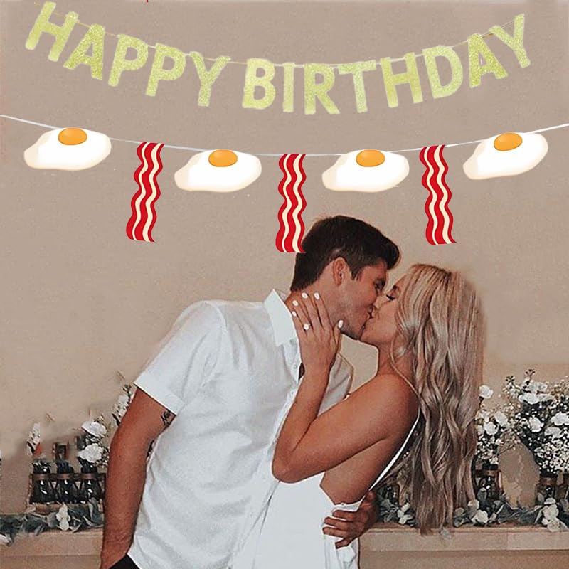 KUNGOON Bacon & Eggs Happy Birthday Banner Set for Brunch Parties