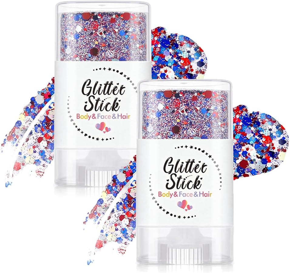 4th of July Glitter Stick - Red, White & Blue Hair & Face Glitter | Waterproof Patriotic Makeup for Women