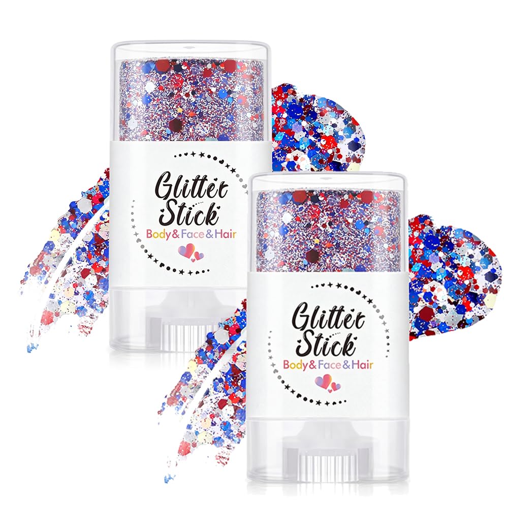 4th of July Glitter Stick Red White Blue Hair Glitter Stick,4th of July Patriotic America Flag Face Body Glitter 250th Outfits for Women,Waterproof Makeup for Football Game Accessories (2, 001)