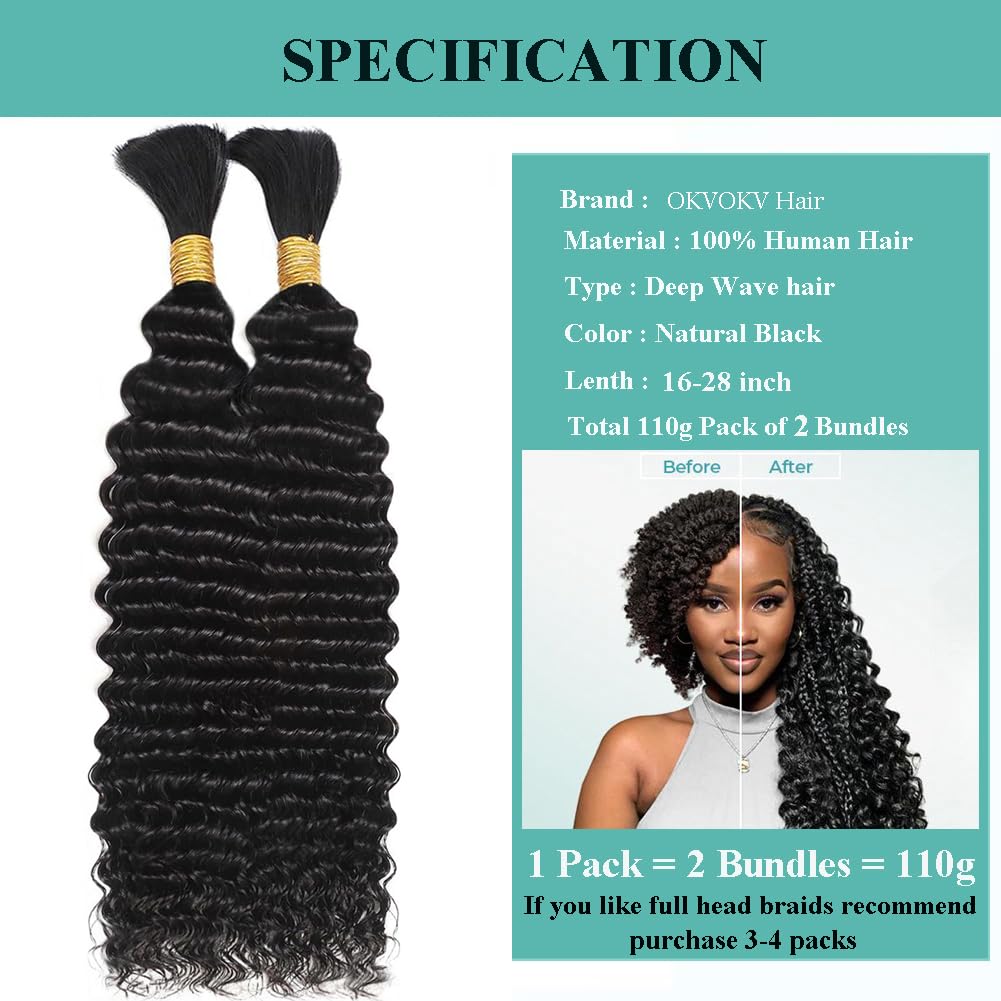 Deep Wave Bulk Human Hair for Braiding 110g 22 Inch 2 Bundles/Pack Human Braiding Hair for Boho Braids Knotless 12A Water Wave Curly Human Hair for Boho Knotless Braids Human Hair Bundles