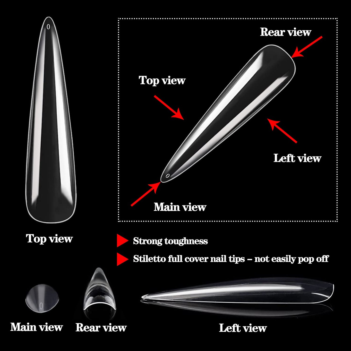 Stiletto Nail Tips - 600PCS XXXL Extra Long Full Cover for Acrylic Nails | 12 Sizes Clear Flattened Fake Nails