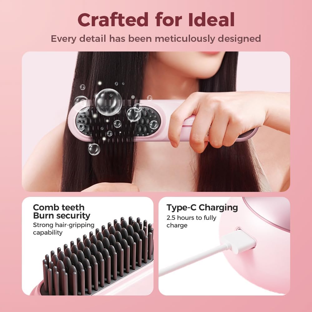 Portable Hair Straightener Brush - Cordless Ionic Comb for Short Hair | MCH Heating, 4 Temp Settings (Pink)