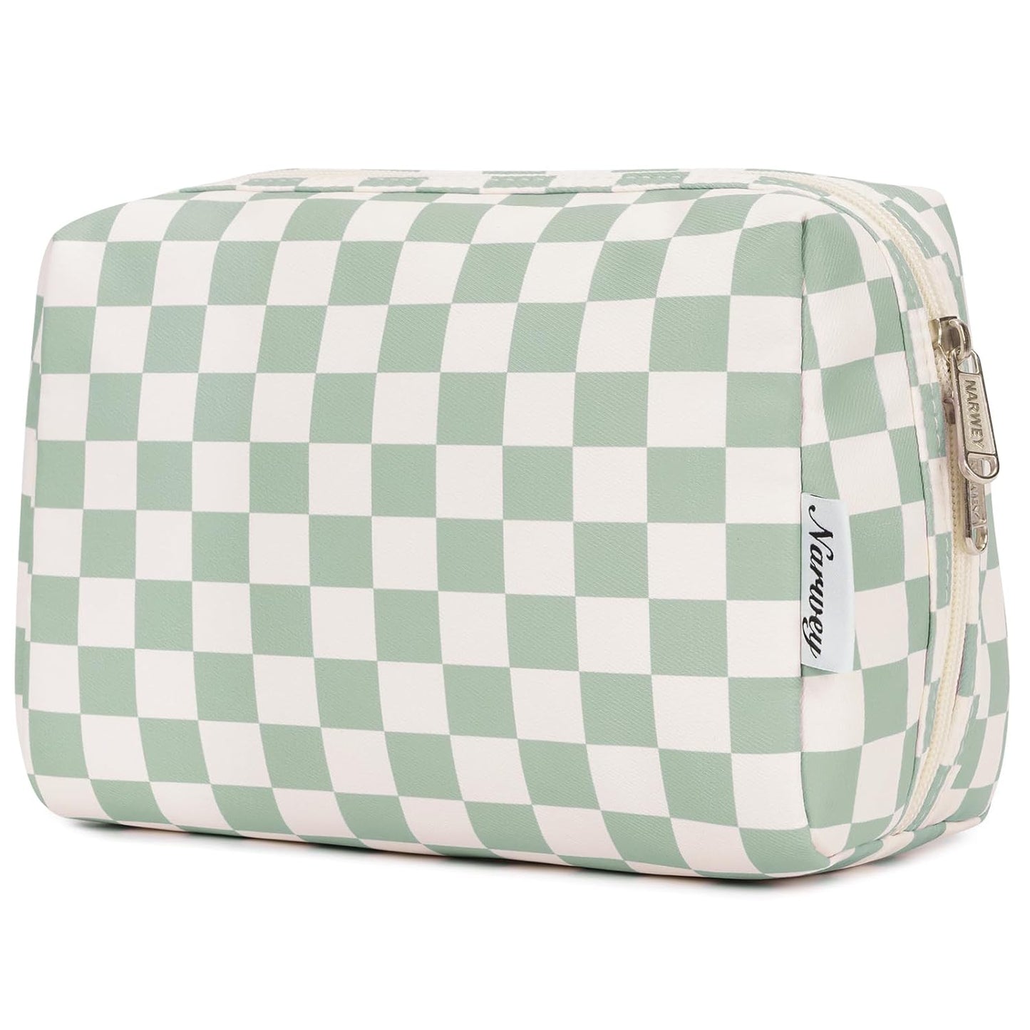 Checkered Makeup Bag - Travel Cosmetic Organizer with Compartments | Large Sky Blue Checkerboard