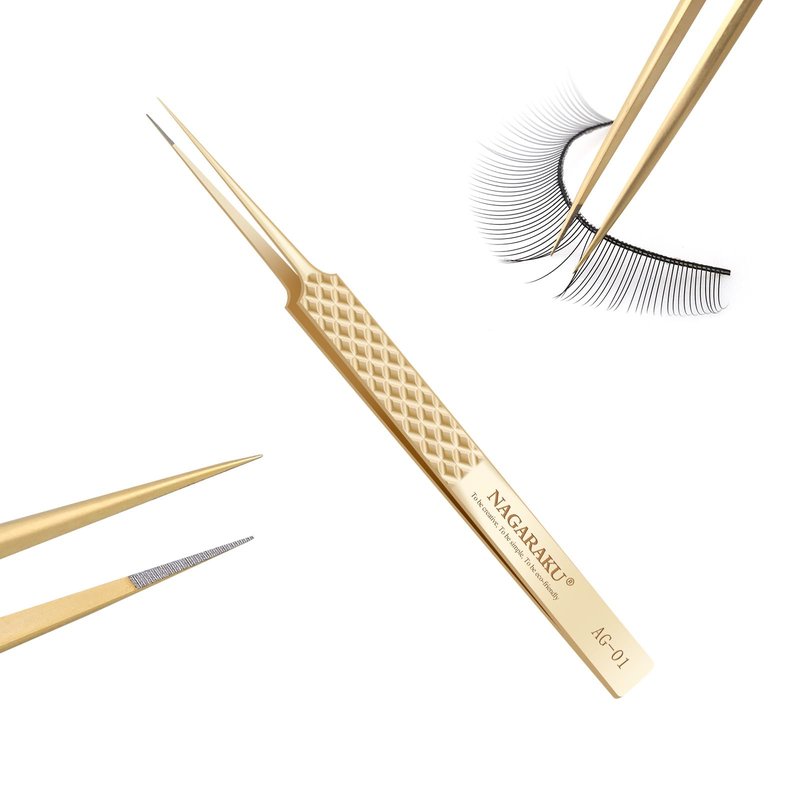 NAGARAKU Precision Fiber Tip Tweezer for Eyelash Extensions Diamond Handle 5cm Slim Tweezers Tip Anti-Static Anti-Slip Stainless Steel Pointed Separate Eyelashes Straight Tweezers with Box(AG-01)