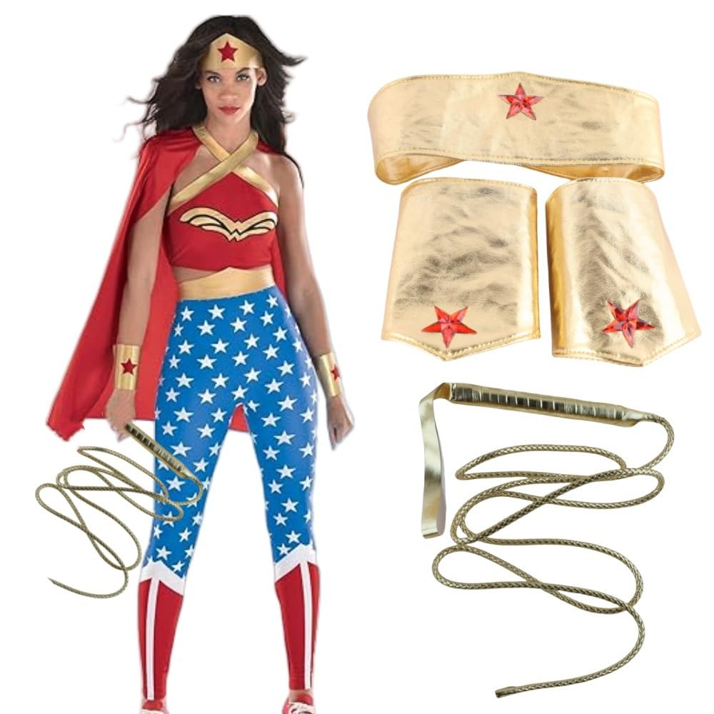 Halloween Woman of Wonder Costume Accessories Cosplay Set: Gold Tiara, wrist bands, 2 Meters Lasso