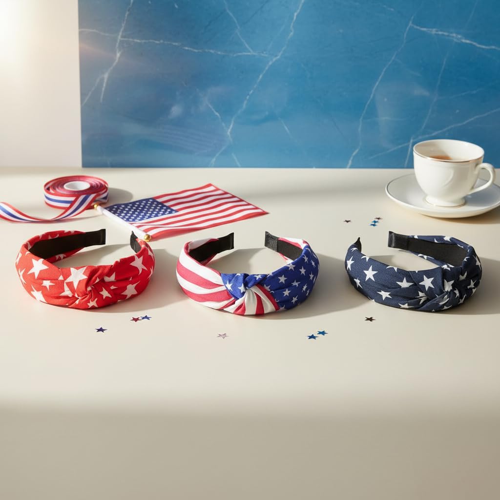 EIOAUY 3 Pack Patriotic Wide Headbands for Women, American Flag Stars Knotted Hair Accessories, 4th of July Independence Day Headbands for Party Holiday
