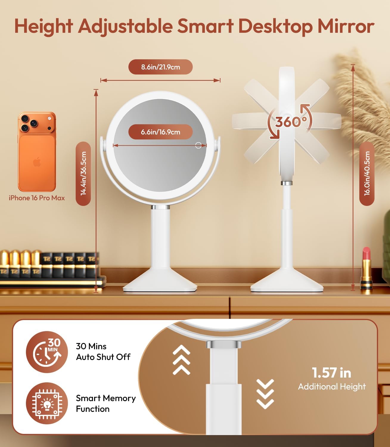 Lighted Makeup Mirror - 30X Magnifying Vanity Mirror with Adjustable Height & 3 Color Dimming | Rechargeable 4000mAh Battery