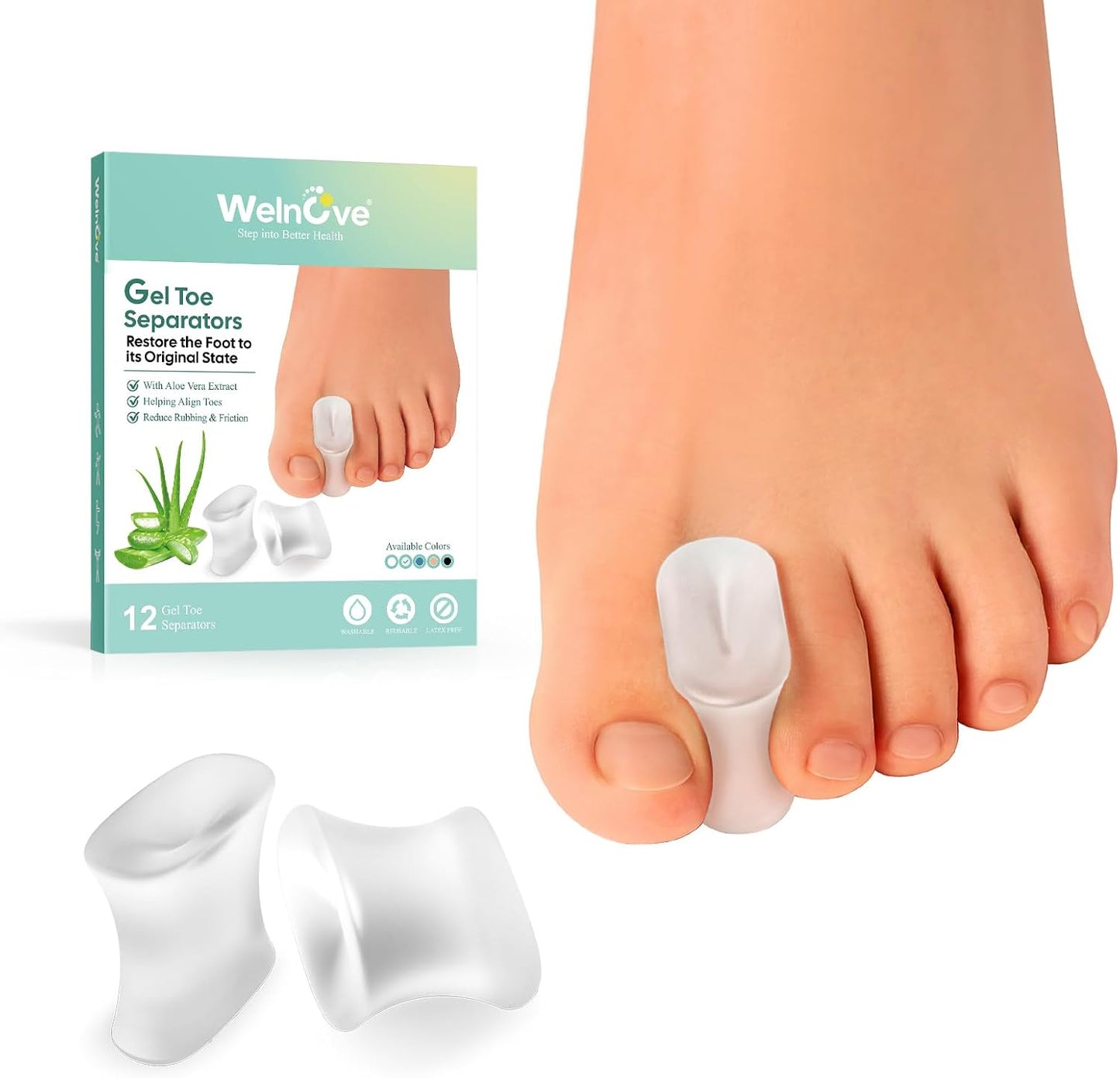 Welnove Gel Toe Separators - Bunion Pads for Straightening Overlapping Toes | 12-Pack, Transparent