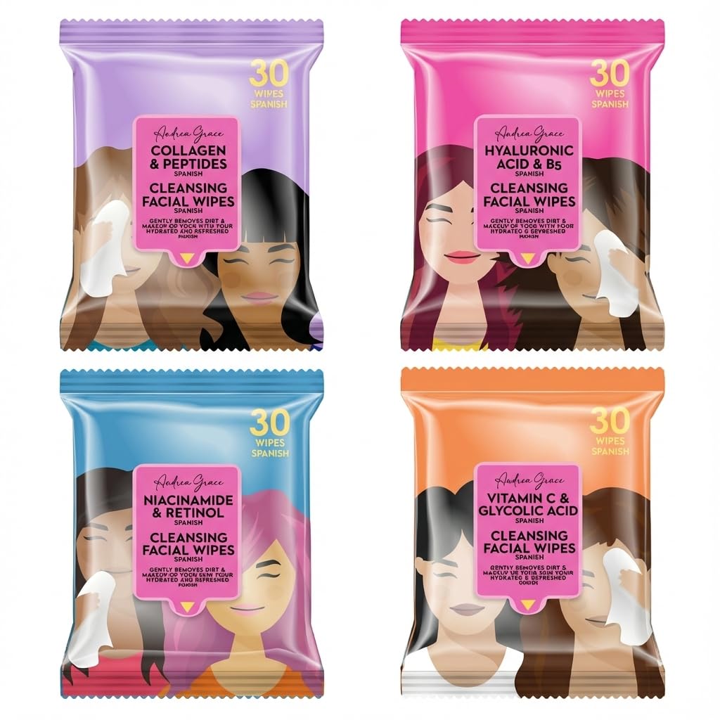 Andrea Grace 4 Pack Face Wipes for Women - Cleansing Makeup Remover Wipes with Collagen & Peptides, Niacinamide & Retinol, Vitamin C & Glycolic Acid, Hyaluronic Acid - 120 Pcs