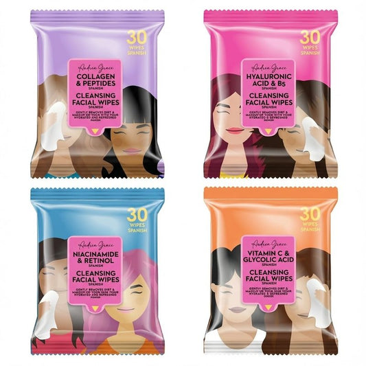 Andrea Grace 4 Pack Face Wipes for Women - Cleansing Makeup Remover Wipes with Collagen & Peptides, Niacinamide & Retinol, Vitamin C & Glycolic Acid, Hyaluronic Acid - 120 Pcs