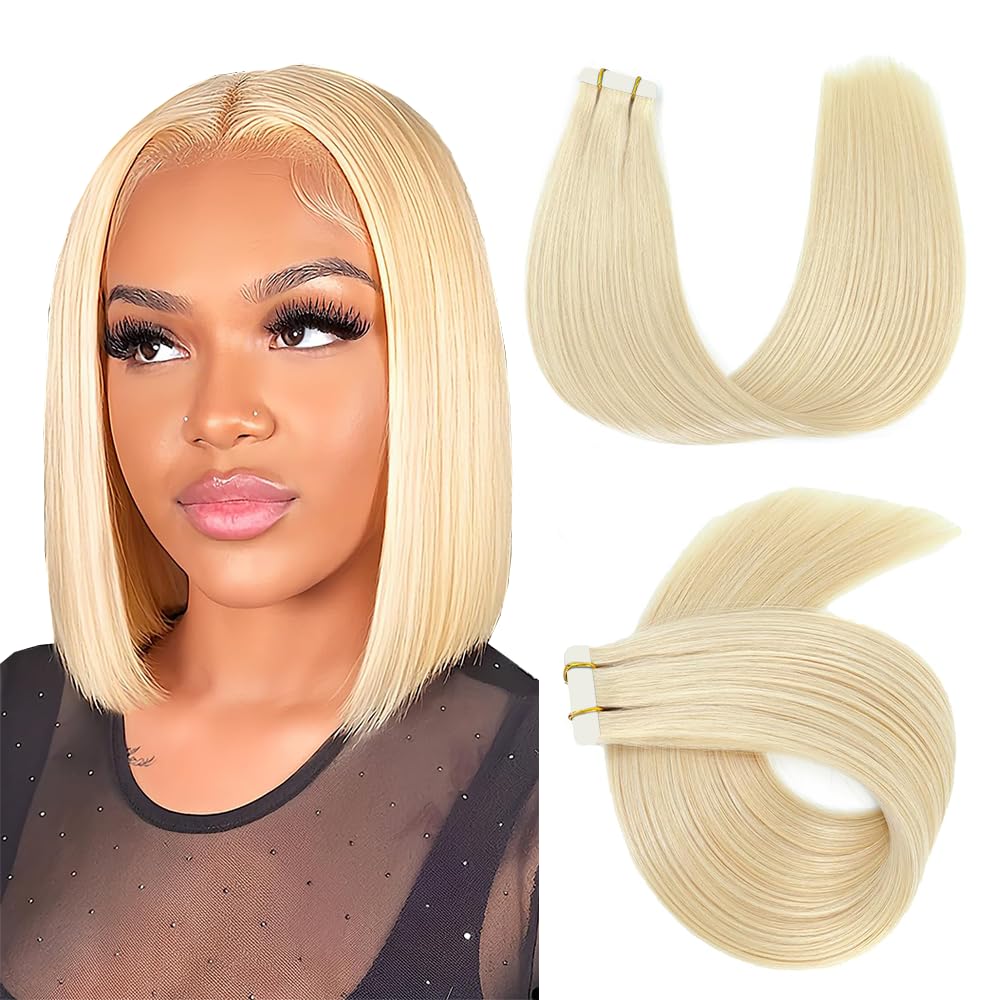 HuxoWax Straight Tape In Human Hair Extensions #613 Blonde Double Weft Weave 10 Packs Total 40g #613 Blonde Color Invisible Human Hair Tape In Extensions 12 Inch