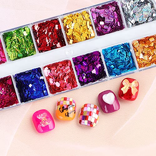 Square Glitter Nail Art Sequins 12 Colors Holographic Flakes for Manicure DIY