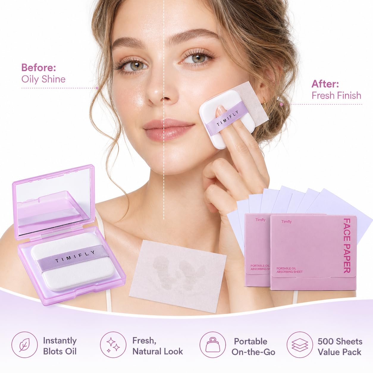 LTIYV Oil Blotting Paper for Face, 500 Sheets with Mirror & Puff, Multiple Refills, Absorbs Excess Oil Instantly, Natural Oil Control Film, Lavender