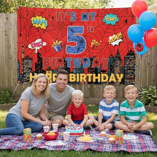 Spider Web 5th Birthday Banner - Large Red & Blue Photo Backdrop