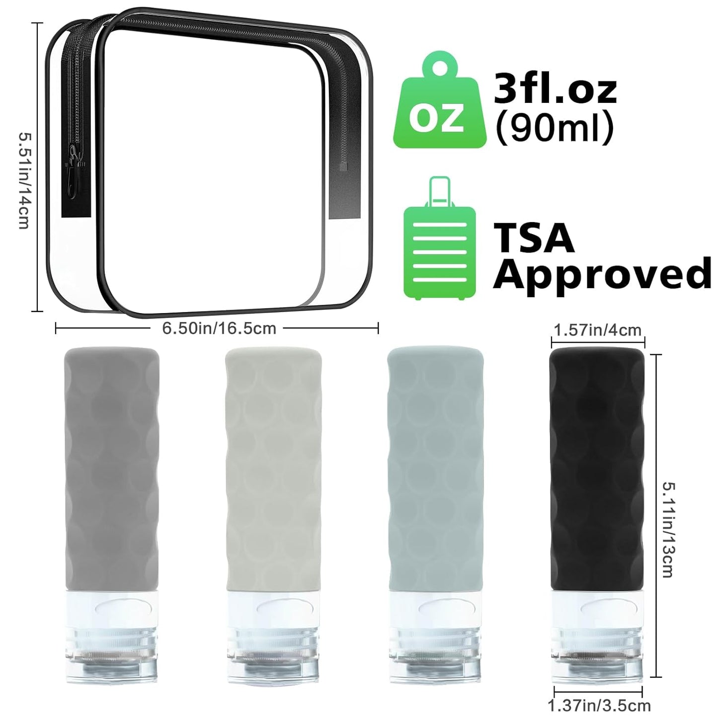 Travel Bottles for Toiletries - 4PCS TSA Approved 3oz Silicone Containers | BPA Free, Leak Proof, Refillable