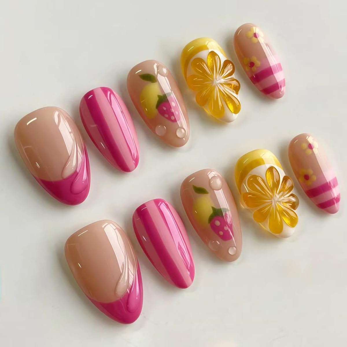 Press-On Almond Nails - Blue & Yellow Fruit Design | Reusable 30-Piece Nail Kit for Spring & Summer Manicure