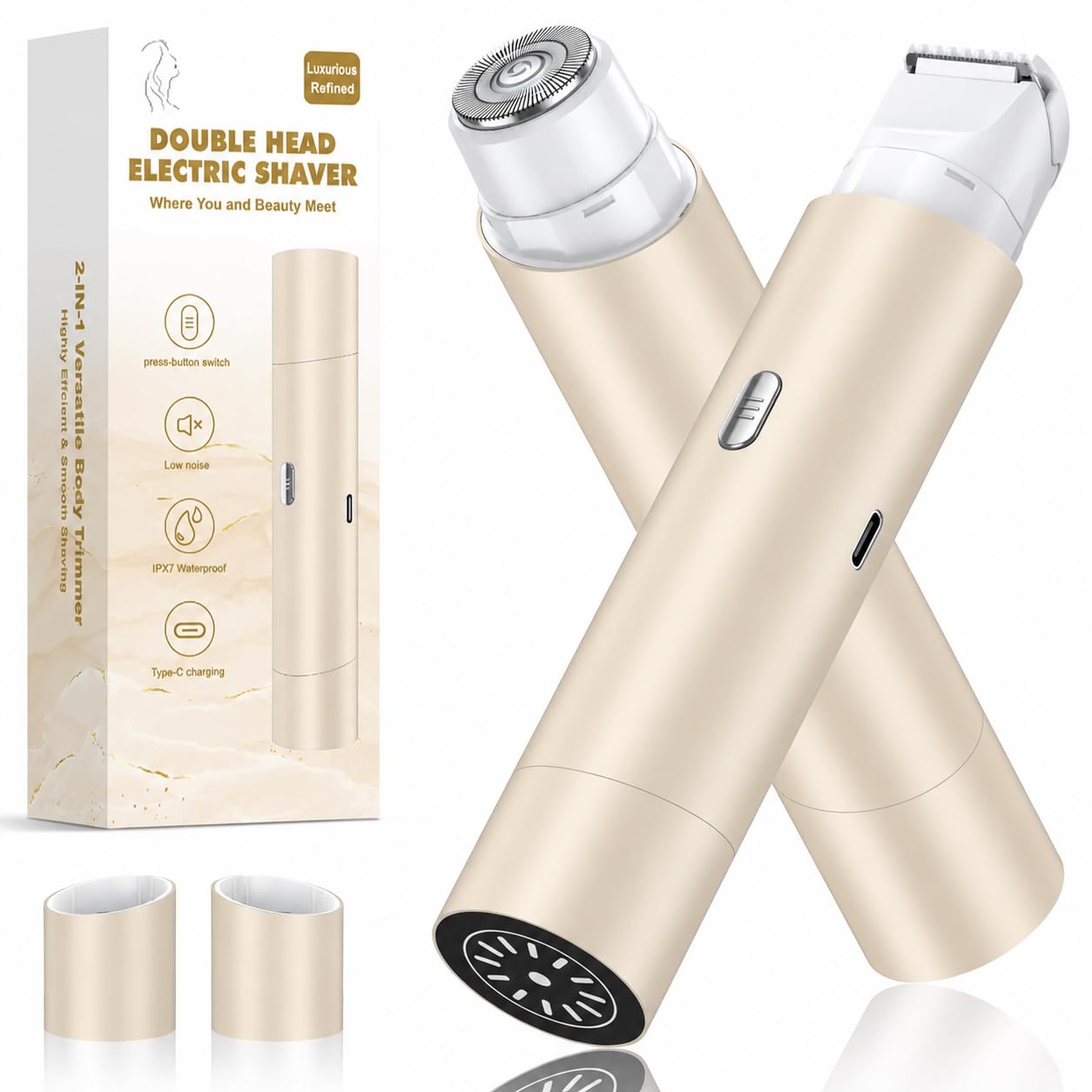 NIPOO Bikini Trimmer for Women, Dual Head Face Shaver Body Hair Trimmmer, IPX7 Waterproof Womens Electric Razor for Legs, Light Champagne