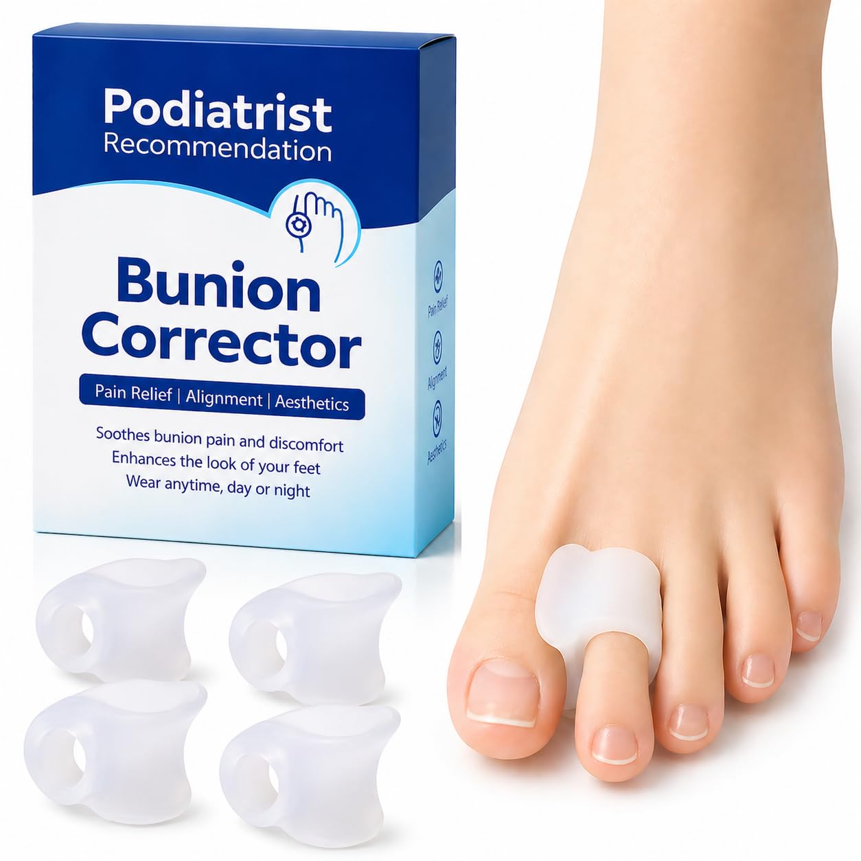 Toe Separators for Women & Men, Gel Toe Spacers, Bunion Corrector for Big Toe Alignment, Reusable, 4 Pack (White)