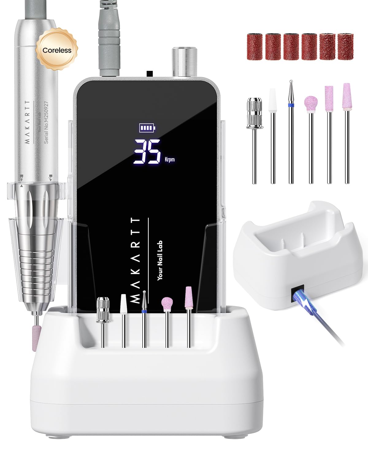 Makartt Nail Drill Professional, 35,000RPM Electric Nail File for Acrylic & Gel Removal, 60W Coreless Motor, 2-in-1 Desktop & Portable, LCD Display, Rechargeable, Quiet, F&R, Nouvella Black