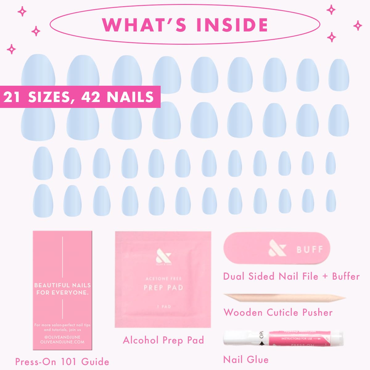 Instant Mani Summer Press-On Nails - Non-Toxic, Long-Lasting | 42 Fake Nails in 21 Sizes | Medium Almond Shape