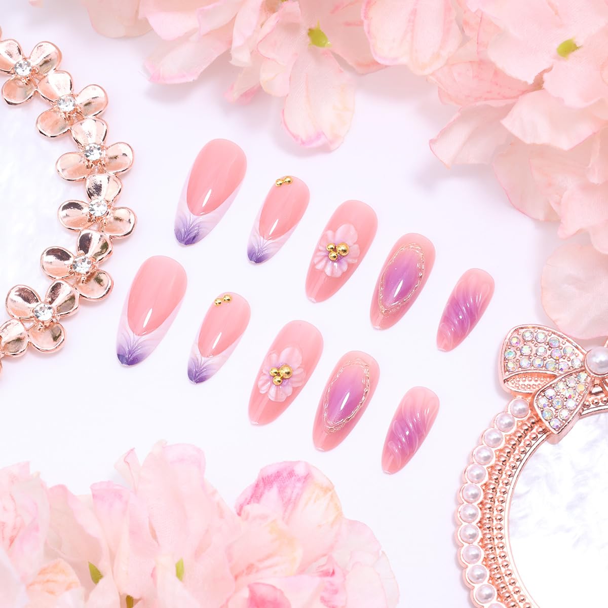 Medium Almond Press-On Nails - 24 Pcs Gradient French Tip with 3D Purple Flowers & Gold Beads | Full Cover Acrylic Manicure for Women