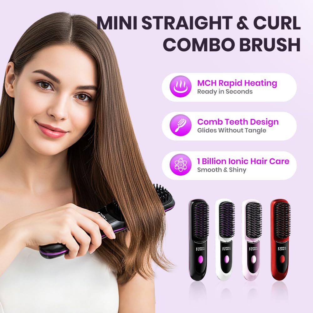 Spwejsr Cordless Straightening Brush, Rechargeable Cordless Hair Straightener with 3 Temp Settings, Ceramic Fast Heat, Includes Pointed Comb and 2 Clips for Travel (White)