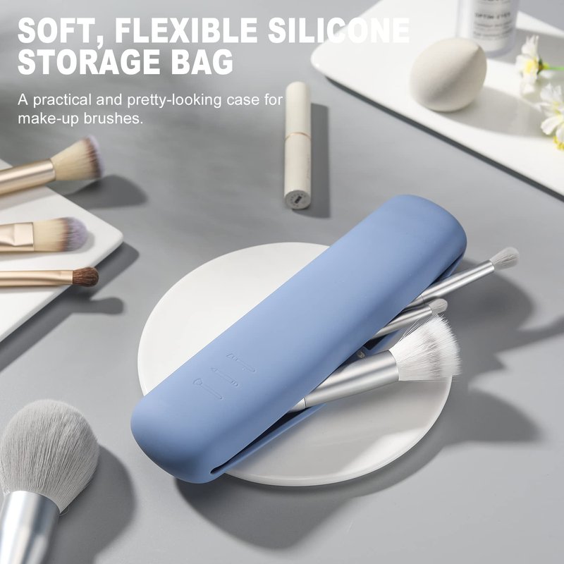 FVION Travel Makeup Brush Holder, Silicone Brush Holder Travel Case, Make Up Brush Pouch with Magnetic Closure, Makeup Brush Covers - Blue