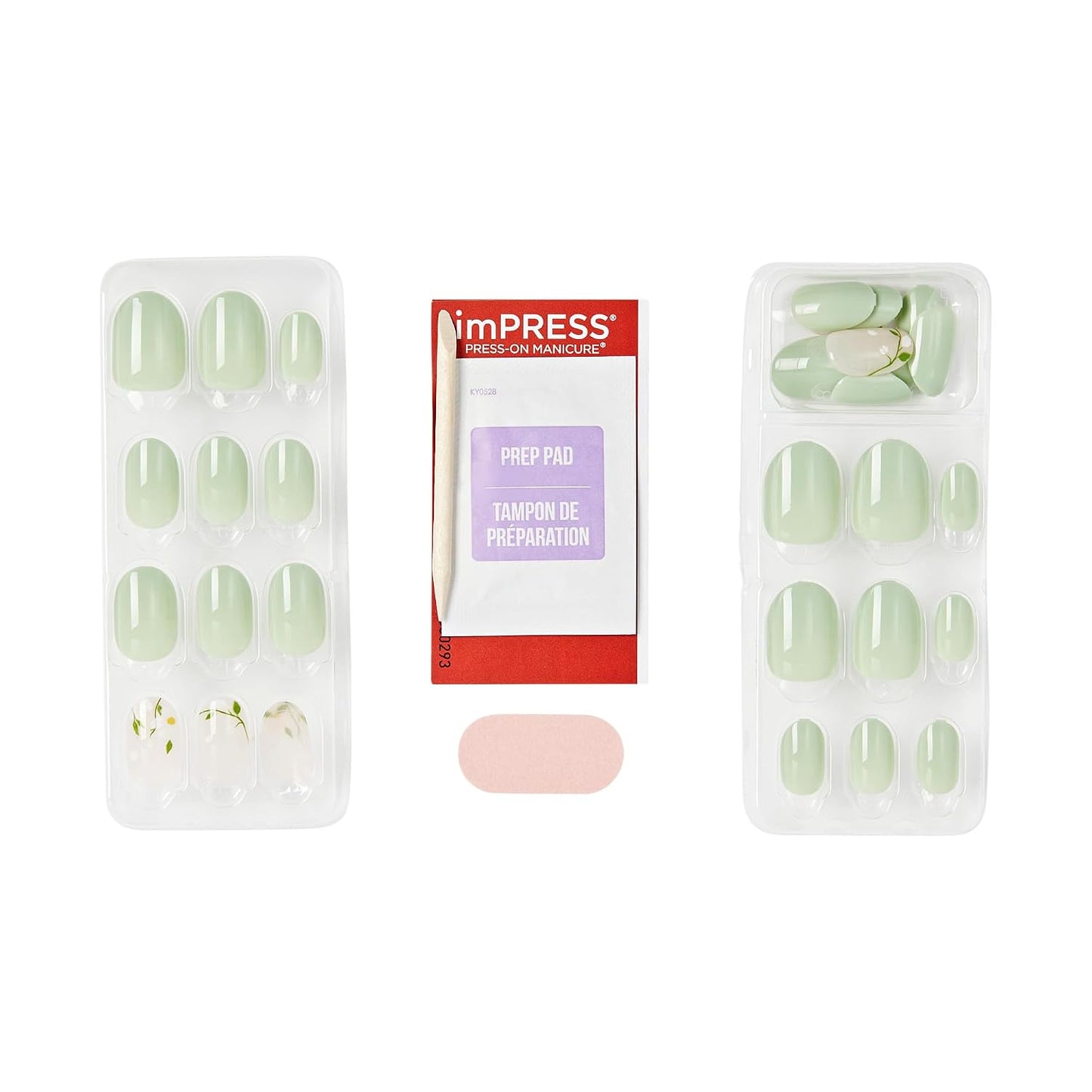 Kiss Impress No Glue Mani Press On Nails - Velvet Bunny Design, Green Oval Shape | Short Size, 30 Nails & Accessories