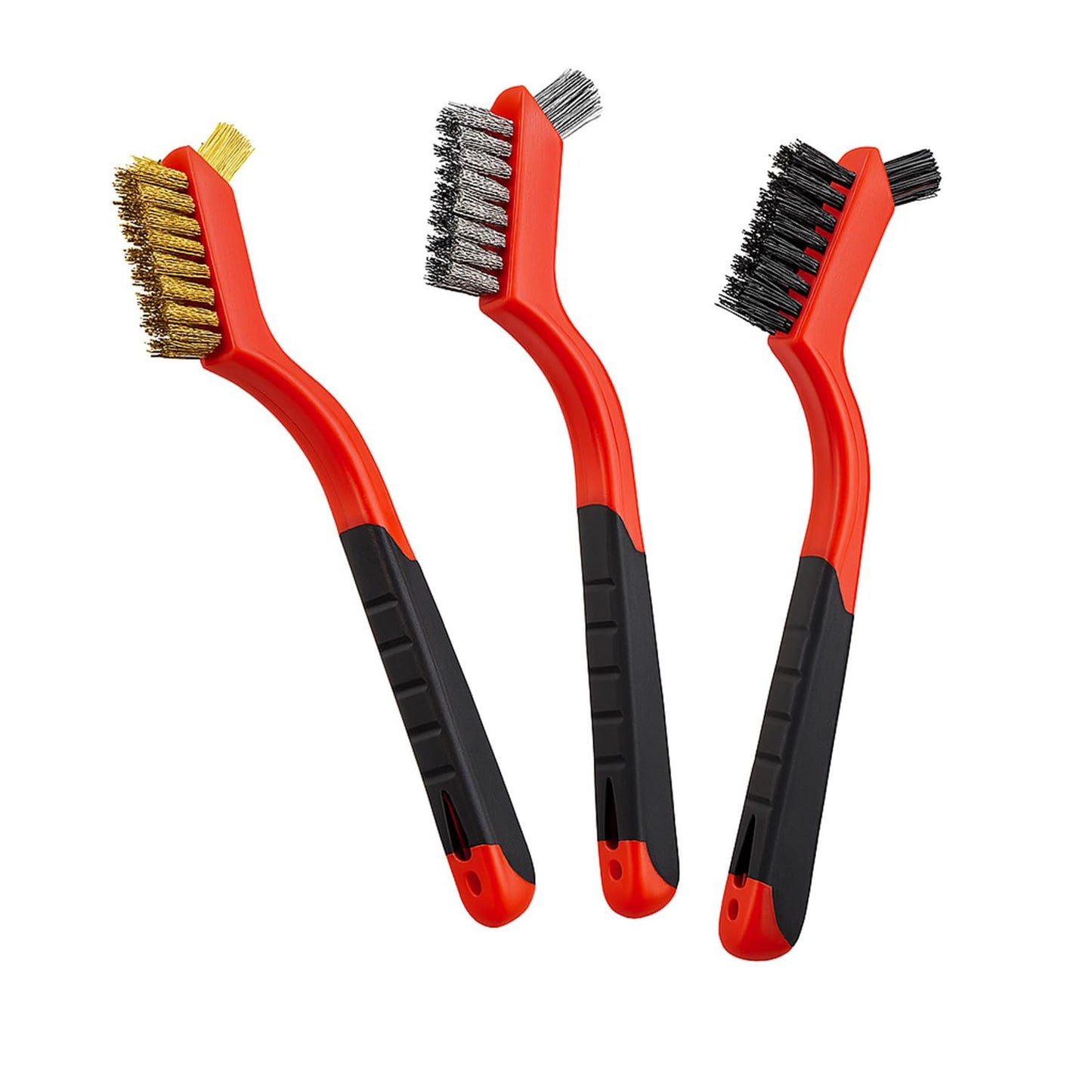 3-Piece Wire Brush Set - Heavy Duty Nylon, Brass & Stainless Steel Brushes | Curved Nonslip Handle, 7-Inch Red