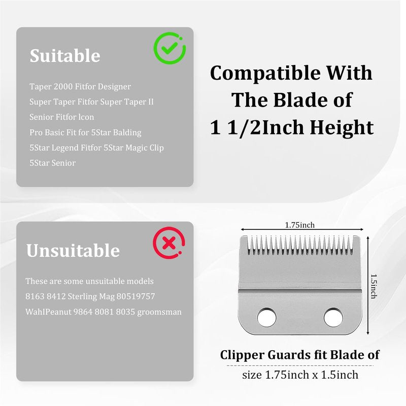 Clipper Guards Set with Metal Clip, Hair Clipper Attachment for Wahl Clippers, 3 Cutting Lengths 1.25 Inch, 1.5 Inch, 2 Inch, Extra Long 10 12 16 Guard, Black