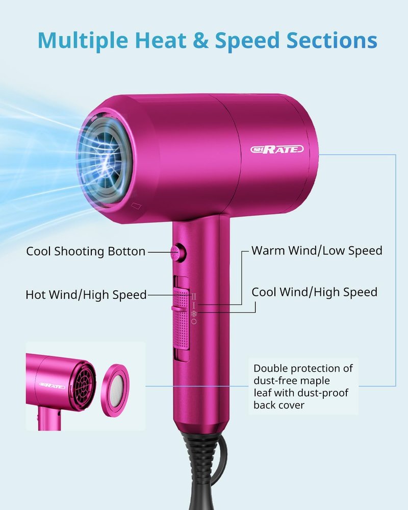 Ionic Hair Dryer with Diffuser - Professional Blow Dryer for Curly & Frizzy Hair | Low Noise, Compact Design for Home & Travel