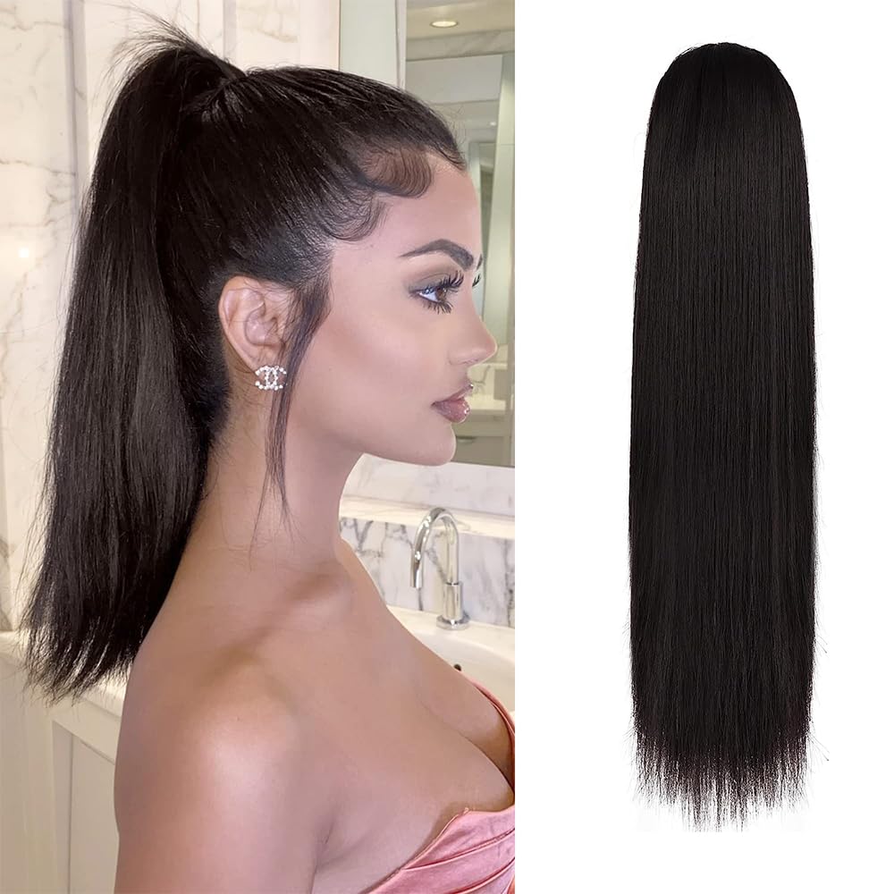 Long Straight Ponytail Extension - 26 Inch Brown Synthetic Clip-In Hairpiece for Women | Light Brown Mixed