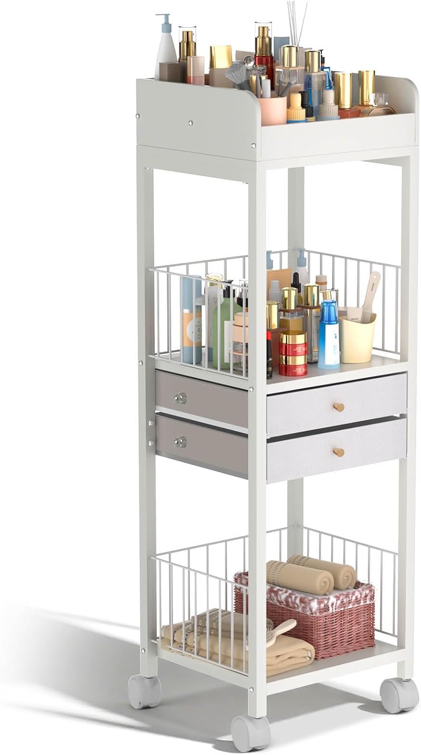 Makeup Organizer Storage Cart - 2 Drawer Versatile Vanity Display Case for Skincare, Cosmetics & Hair Tools | Floor Stand