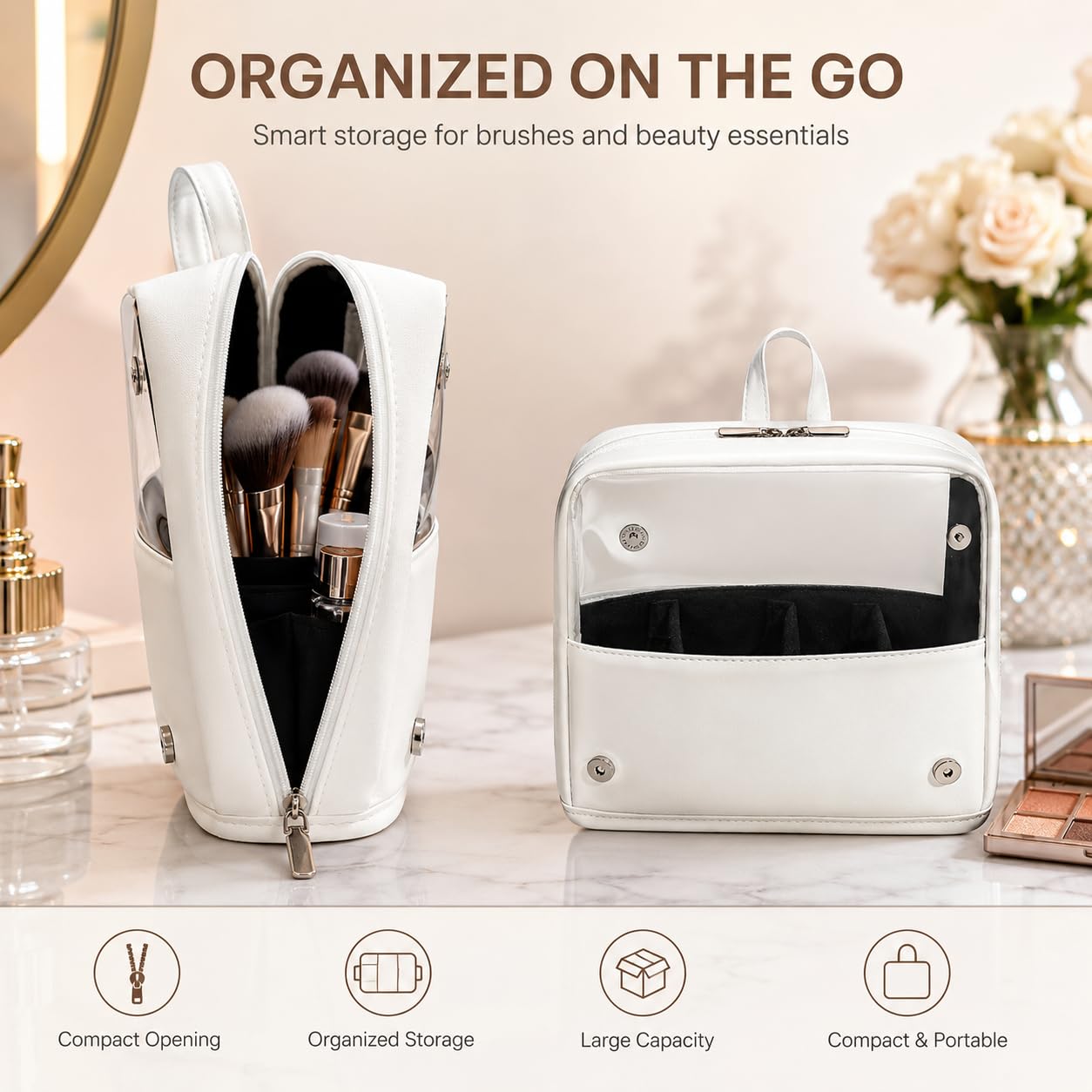 YDR Clear Makeup Brush Bag, High Capacity Stand Up Makeup Brush Holder, Travel Professional Cosmetic Brush Organizer Case, Foldable Makeup Tool Bag for Women and Artists