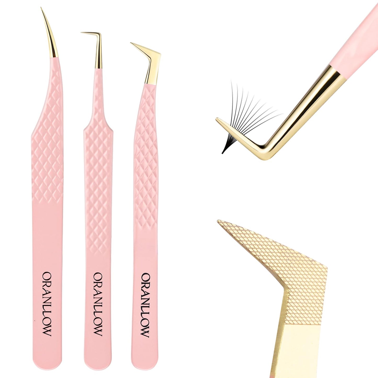 Oranllow Lash Tweezers Set for Eyelash Extensions - 3 Precision Fiber Tip Diamond Grip, Volume,L-shape Boot, 90 Degree Lash Tweezers for Volume Classic Lashes Premade Fans (3)