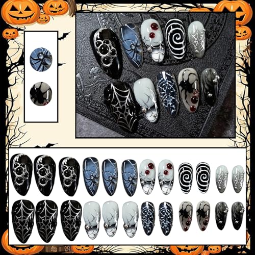 24pcs Halloween Almond Press On Nails with Spider Designs