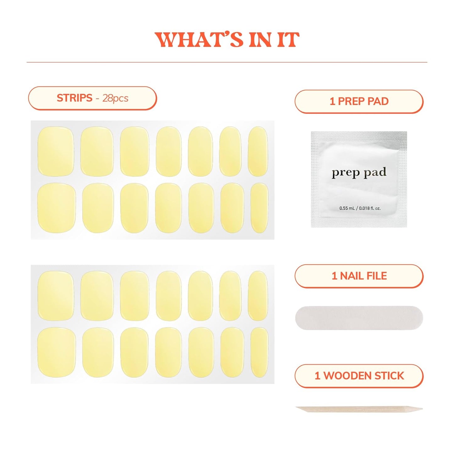 Heyhae Semi Cured Gel Nail Strips - Solid Yellow | Easy Apply, No LED Lamp Needed | 28 Strips, Prep Pads & Nail File Included