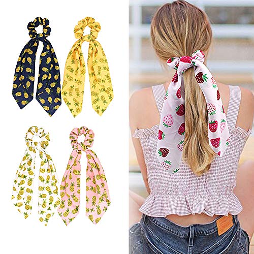 DINPREY Pineapple Fruits Print Chiffon Hair Scrunchies 4-Pack for Women