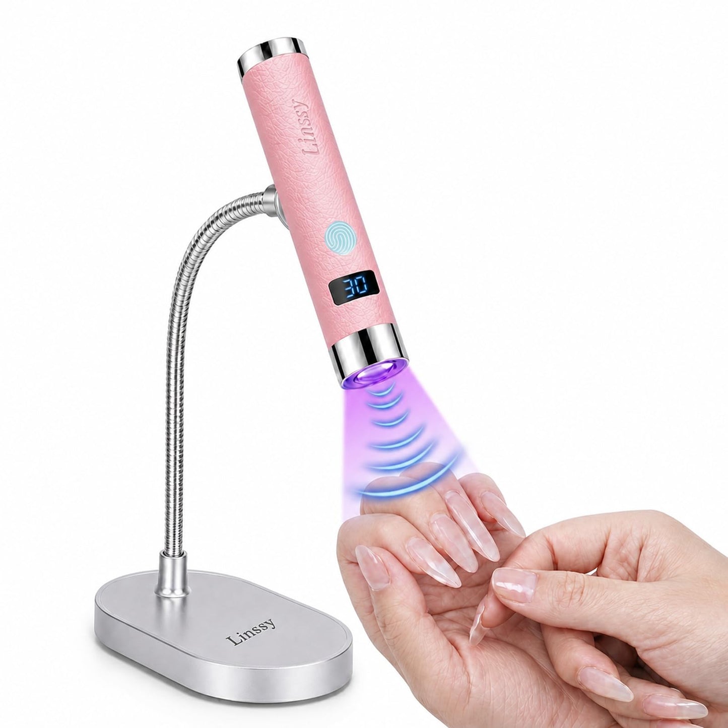 Linssy Mini UV Light for Nails with Auto Sensor & Gooseneck Stand,Portable Cordless Nail Lamp Flash Cure Lamp with LCD Display,Handheld UV Light for Gel Nails at Salon & Home Use
