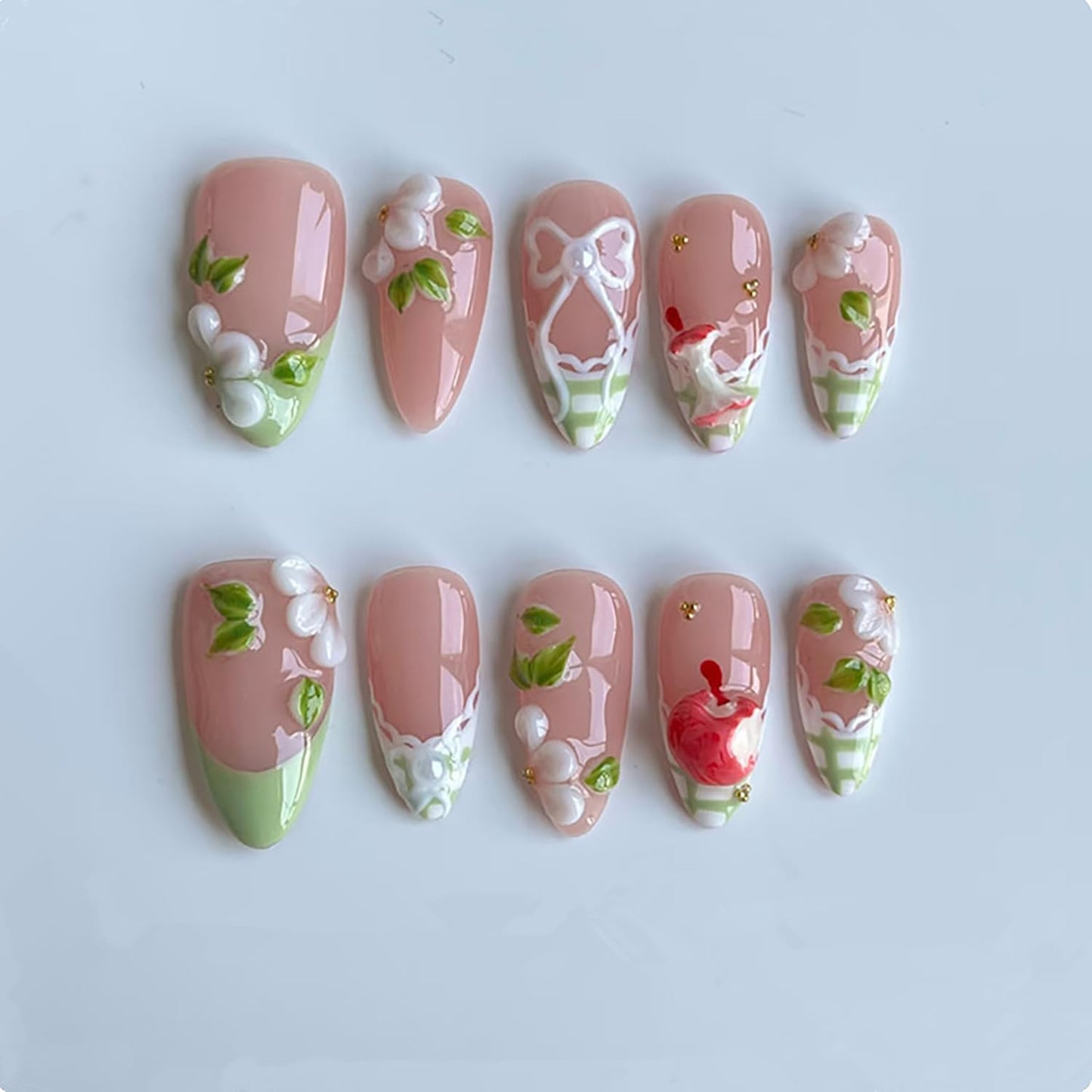 Press On Nails - 24Pcs Medium Almond French Tip with 3D Gold Starfish & Flower Designs | Full Cover Summer Acrylic Nails