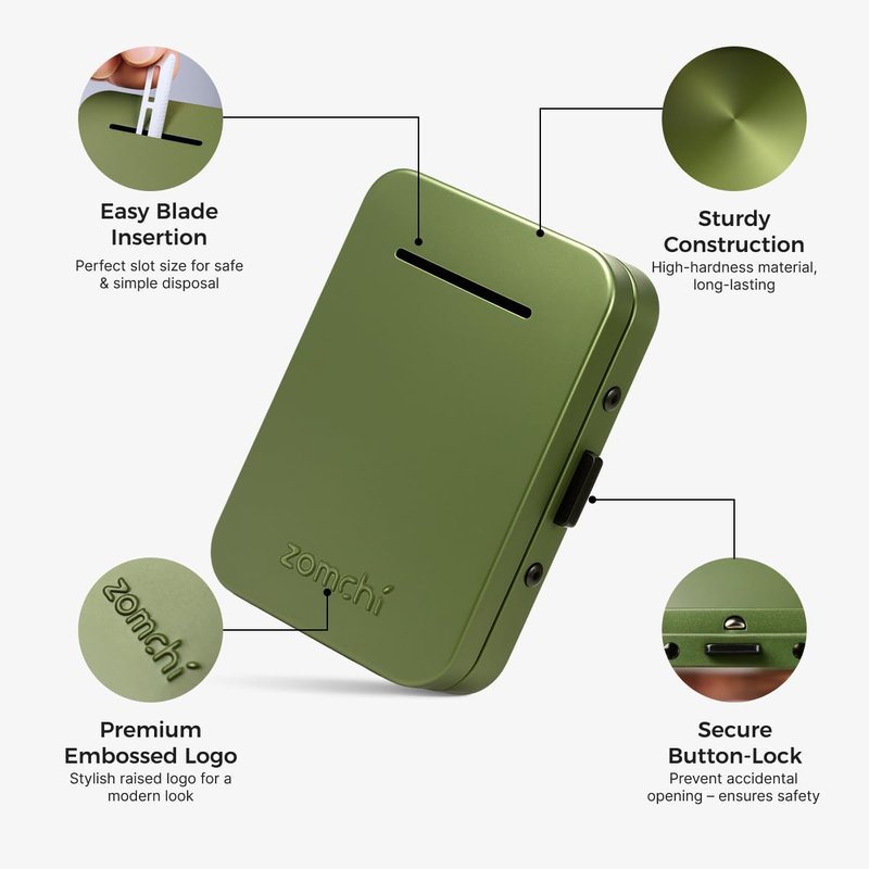 ZOMCHI Razor Blade Bank for Used Double Edge Safety Razor Blades, Compact Disposal Container for Safe Storage and Travel (Olive Green)