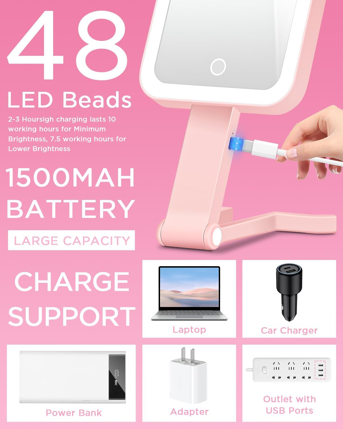 Magnifying Makeup Mirror with LED Light - Double-Sided 10X/1X | Dimmable Touch Screen & Storage Bag - Pink (10.3 x 5.2 IN)