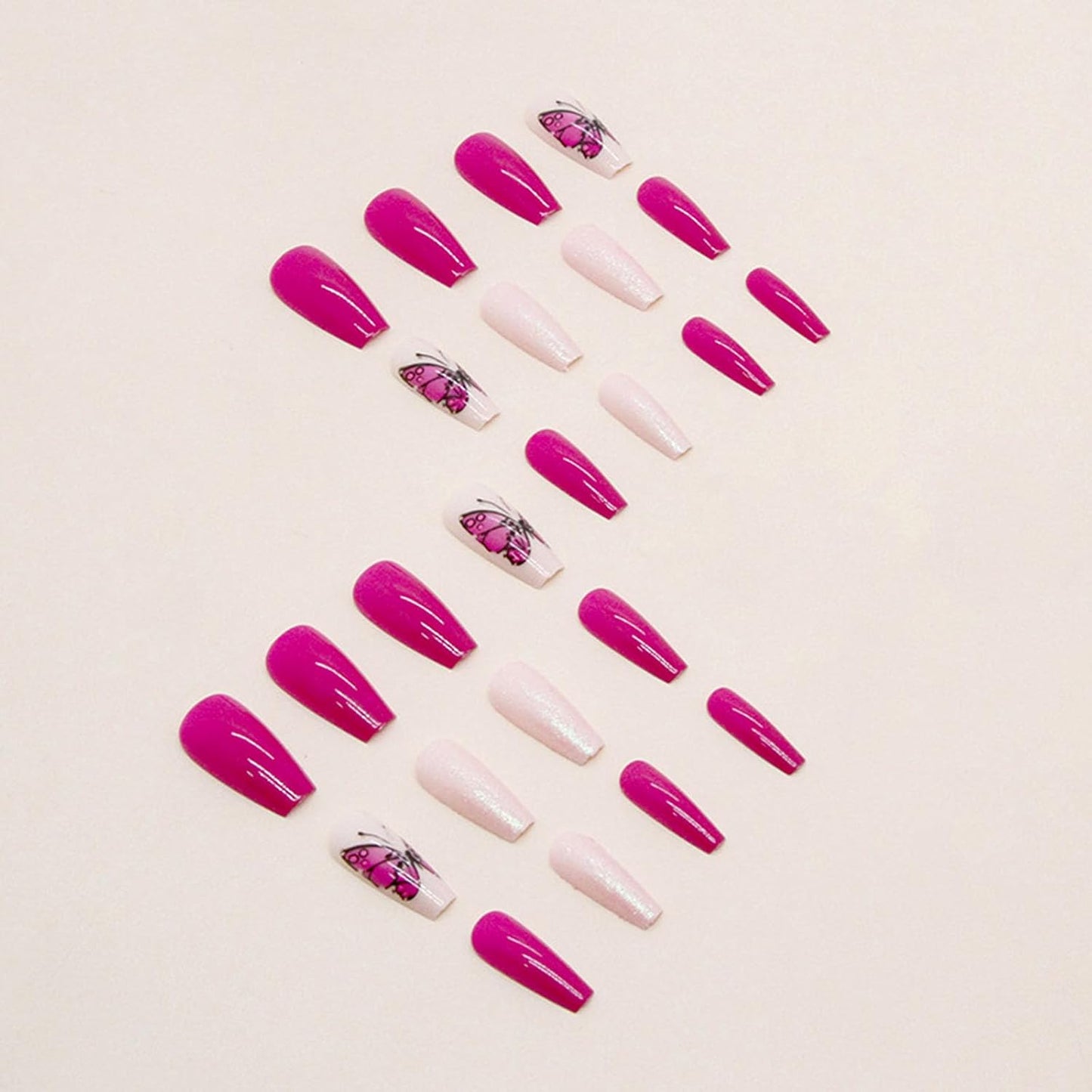 Coffin Press-On Nails - Medium Purple Butterfly Glitter Design | 24 Pcs Glossy Full Cover Acrylic Nails for Women