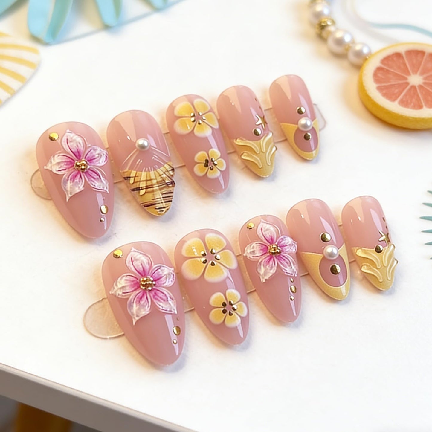 30Pcs Black Press-On Nails - Short Almond Shape with 3D Flower Designs | Summer Butterfly Acrylic Full Cover